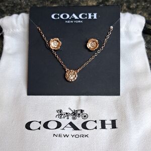 Coach Open Circle Gold Tone Necklace and Tea Rose Stud Earrings